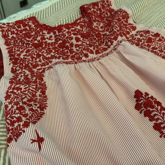 Mi Golondrina Red White Striped Embroidered Flores Large Blouse - Picture 2 of 5